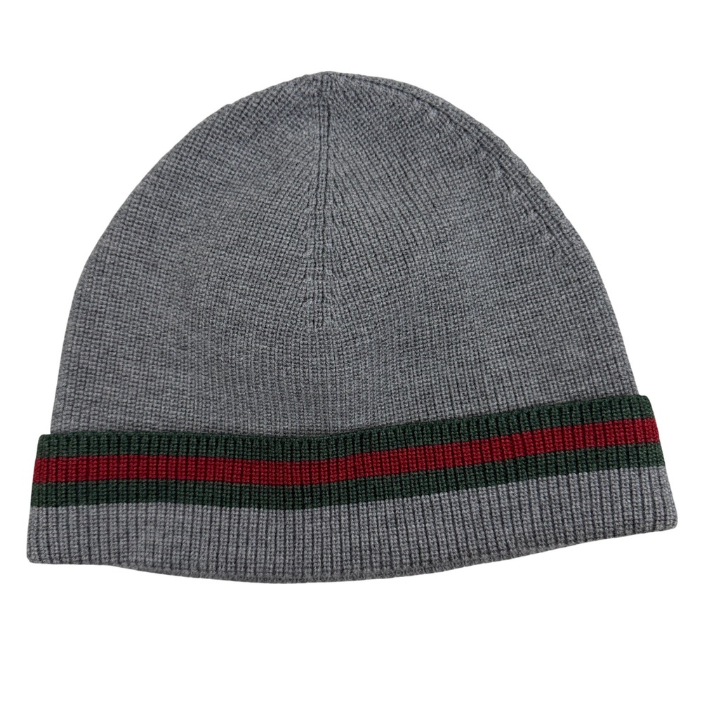 Gucci Hat Unisex XL Grey Web Stripe Wool Silk Ribbed Knit Beanie Made in Italy - Picture 2 of 6